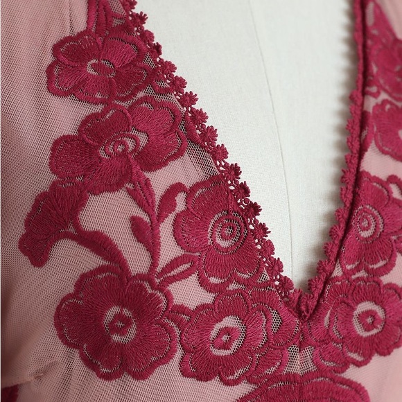 Chicwish V-Neck Floral Embroidered Mesh Maxi Dress in Wine - Picture 6 of 9